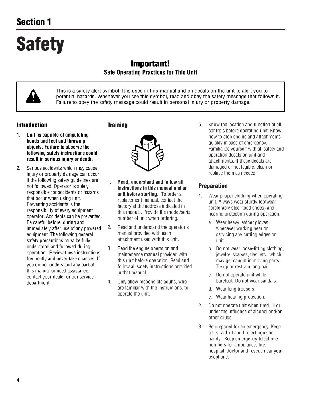 Troy-Bilt 13101 - GTX 16, 13101-GTX 16 Section, Safe Operating Practices for This Unit, IntroductionTraining, Preparation 