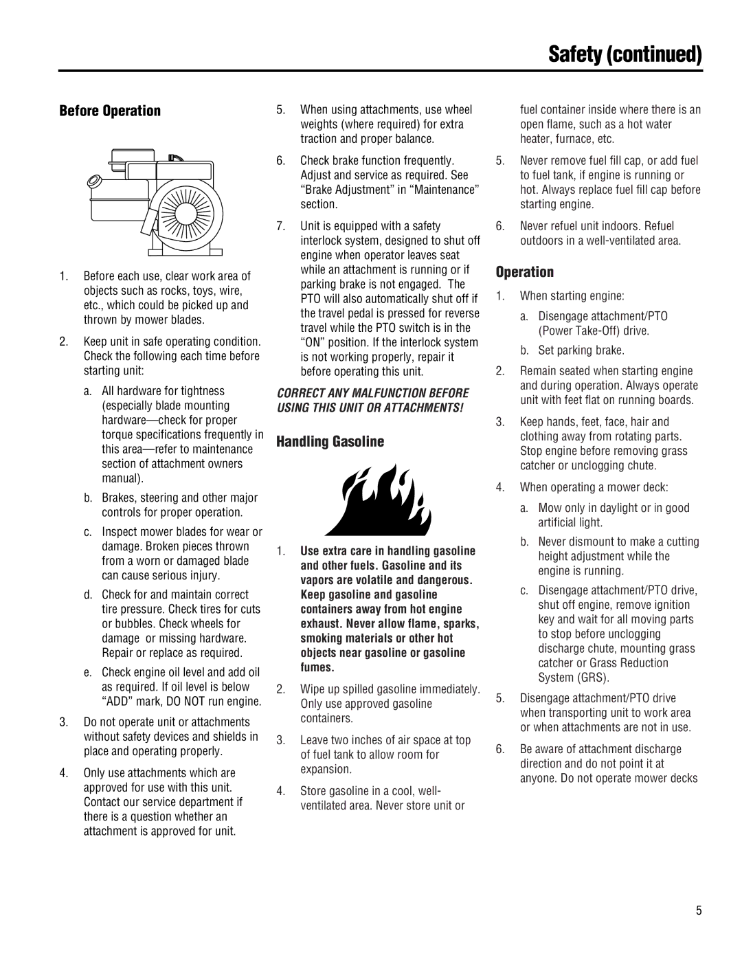 Troy-Bilt 13074-GTX 18, 13101-GTX 16, 13101 - GTX 16 manual Safety, Before Operation, Handling Gasoline 