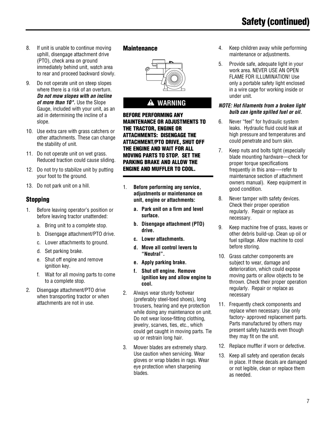 Troy-Bilt 13101 - GTX 16, 13101-GTX 16, 13074-GTX 18 manual Stopping, Maintenance 