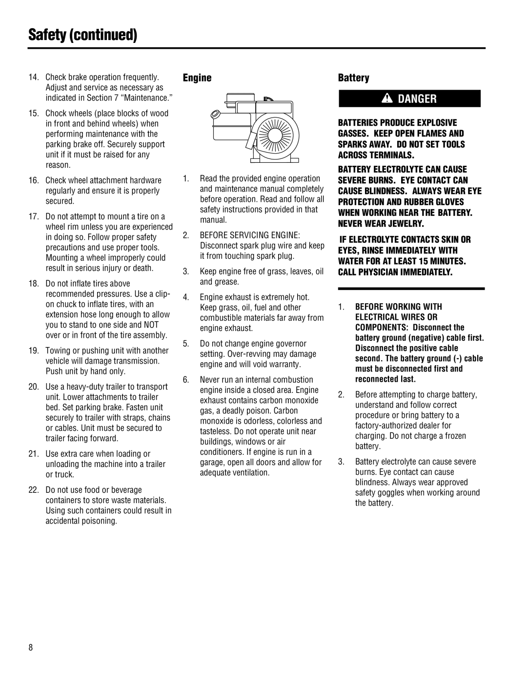 Troy-Bilt 13074-GTX 18, 13101-GTX 16, 13101 - GTX 16 manual Engine, Battery 