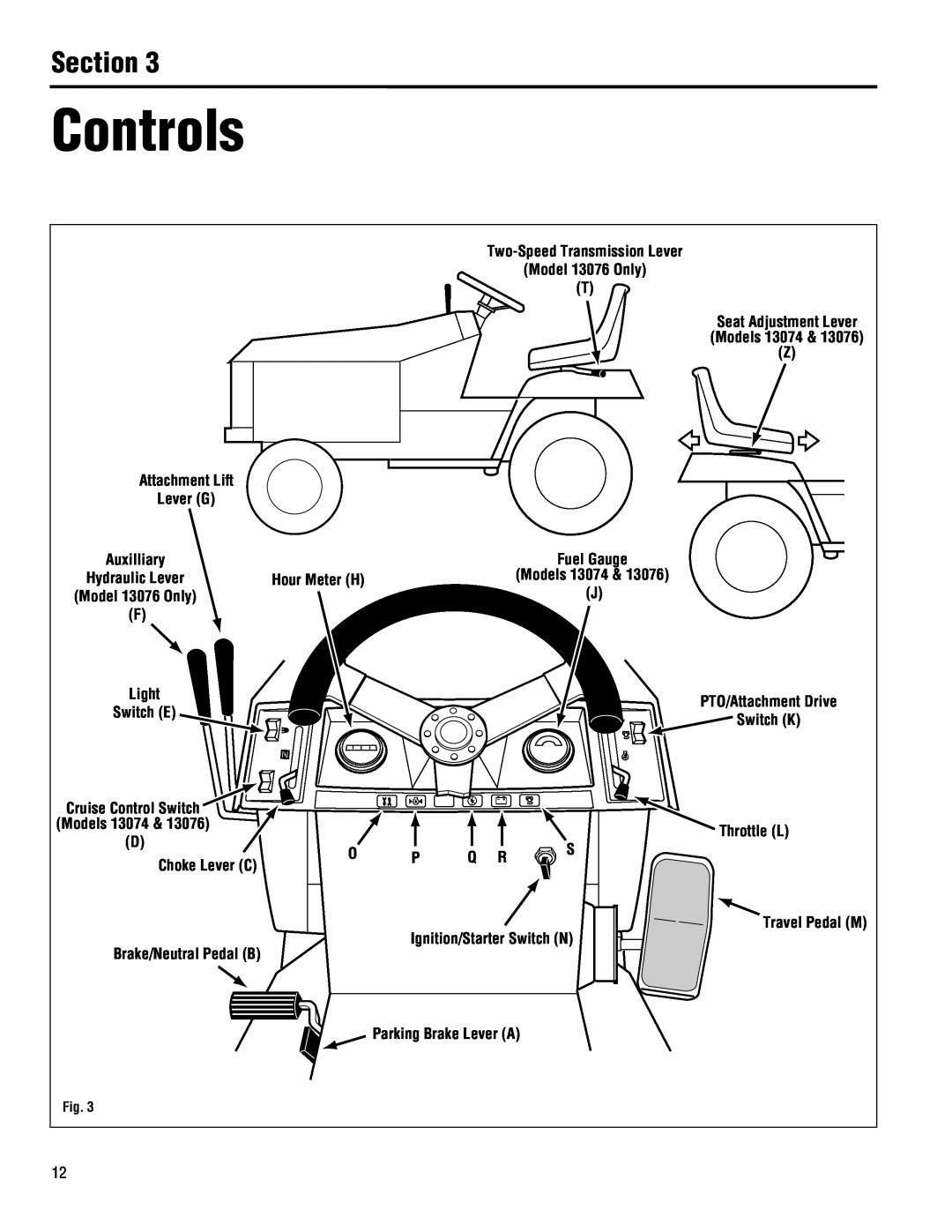 Troy-Bilt 13101-GTX 16, 13101 - GTX 16 Controls, Throttle L, Ignition/Starter Switch N, Parking Brake Lever A, Section 