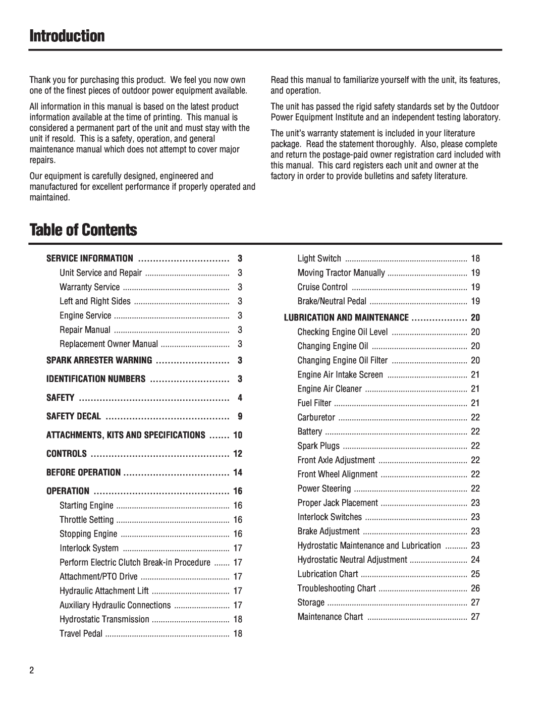 Troy-Bilt 13074-GTX 18, 13101-GTX 16, 13101 - GTX 16 Introduction, Table of Contents, Safety Decal, Controls, Operation 