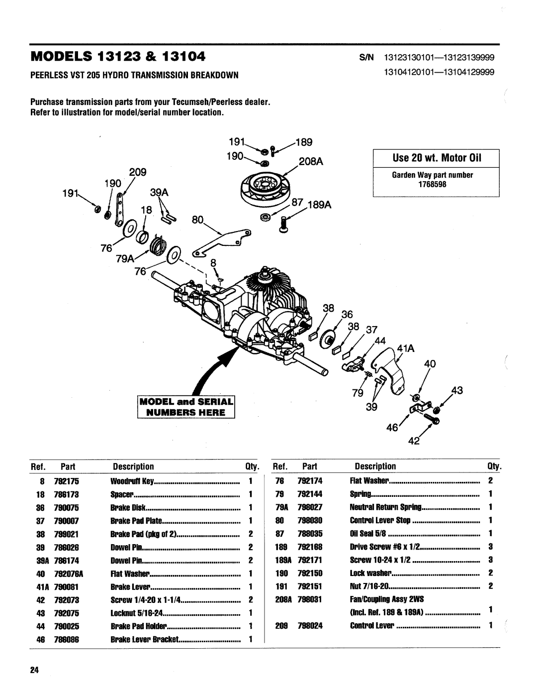 Troy-Bilt 13123, 13105, 13104 manual 