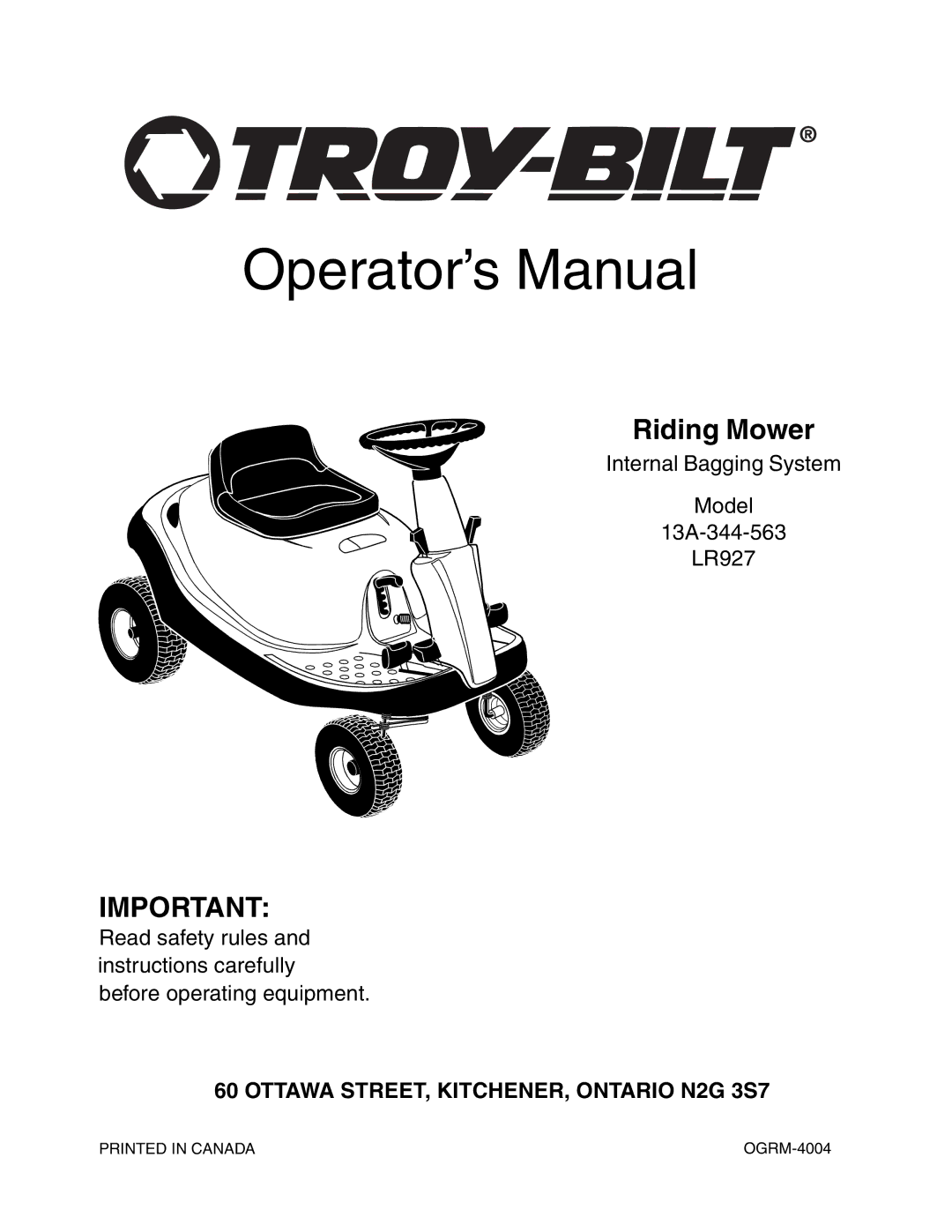 Troy-Bilt 13A-344-563 manual Operator’s Manual 