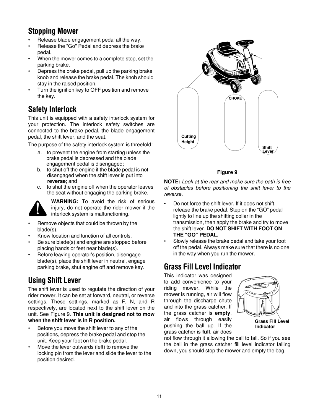 Troy-Bilt 13A-344-563 manual Stopping Mower, Safety Interlock, Using Shift Lever, Grass Fill Level Indicator 