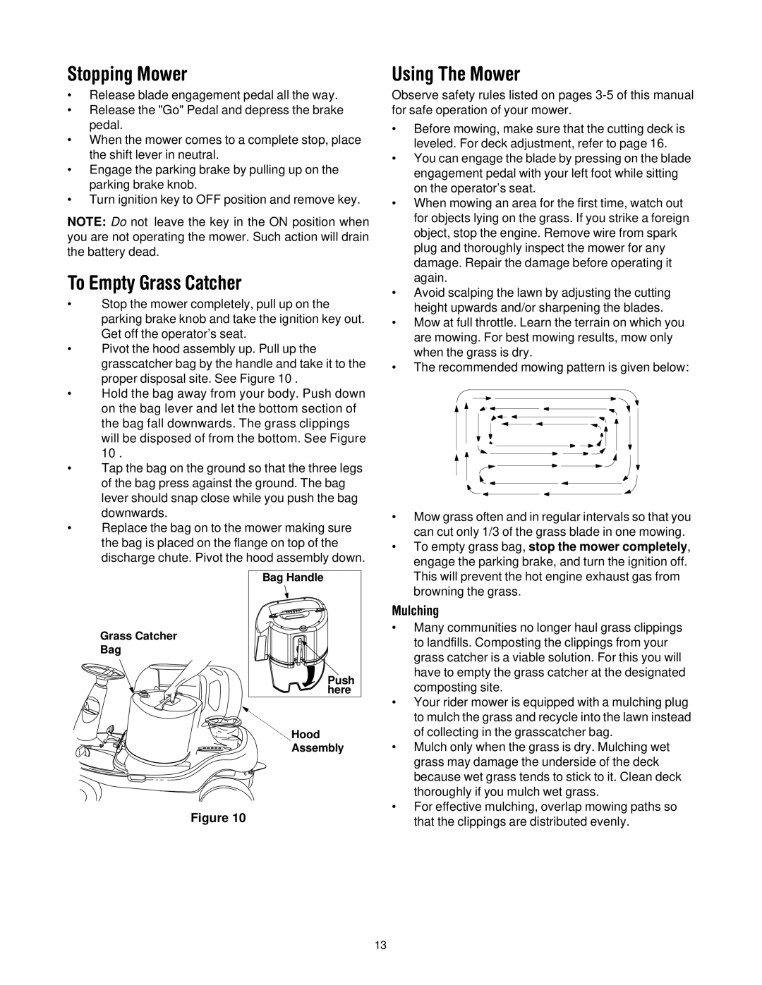 Troy-Bilt 13A-344-563 manual Stopping Mower Using The Mower, To Empty Grass Catcher, Mulching 