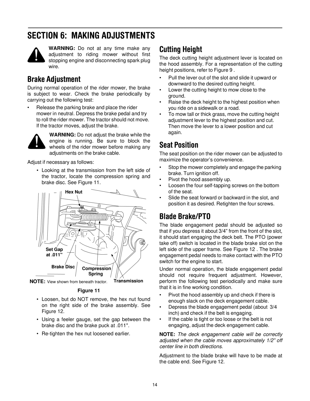 Troy-Bilt 13A-344-563 manual Brake Adjustment, Cutting Height, Seat Position, Blade Brake/PTO 