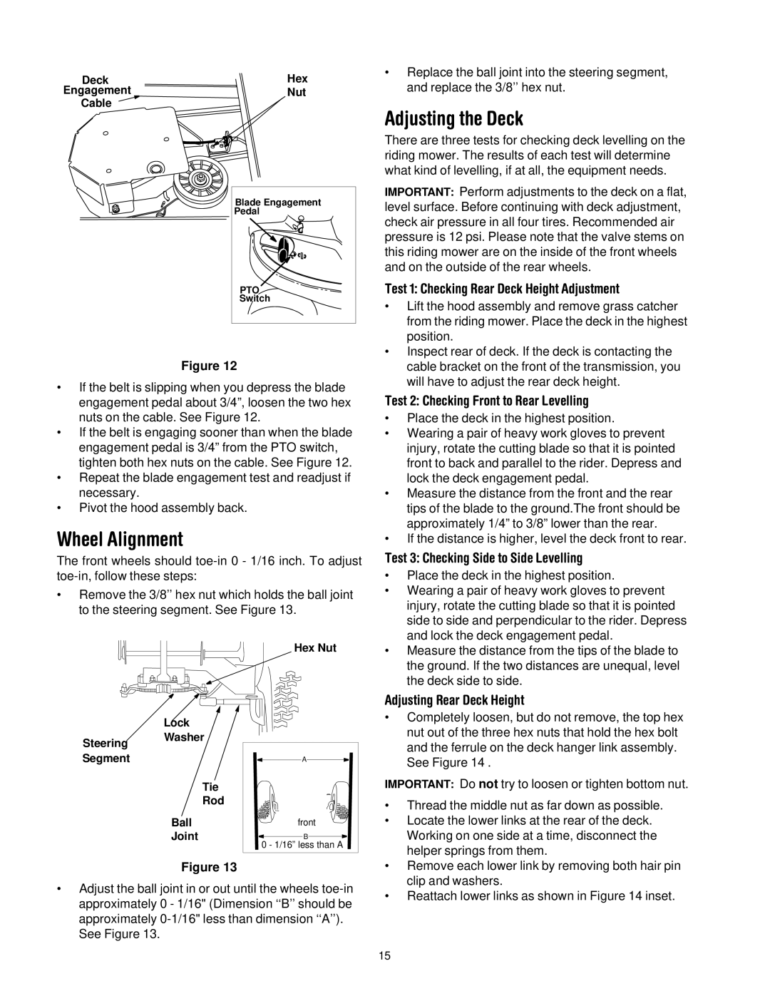 Troy-Bilt 13A-344-563 manual Wheel Alignment, Adjusting the Deck 