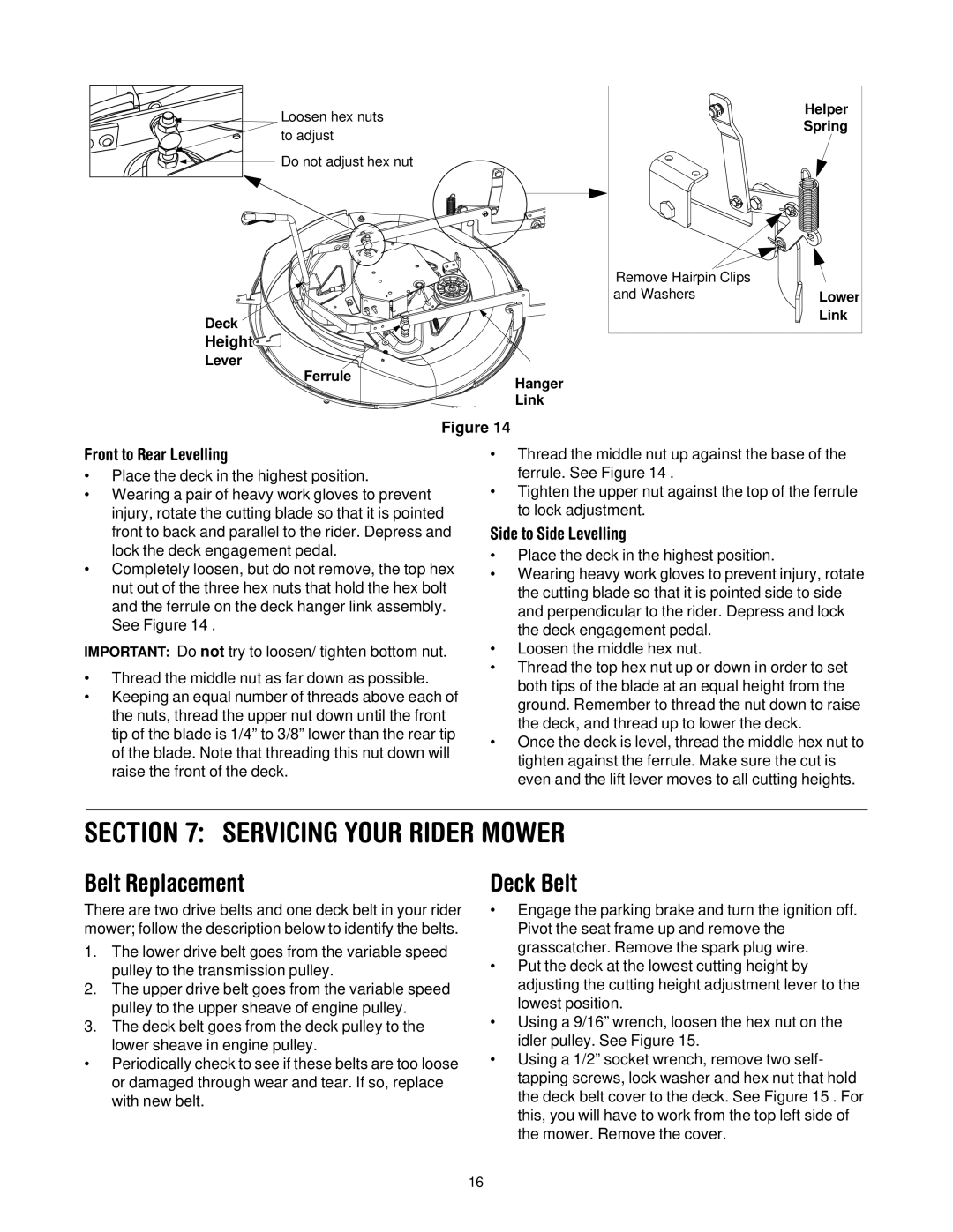 Troy-Bilt 13A-344-563 manual Servicing Your Rider Mower, Belt Replacement, Deck Belt, Front to Rear Levelling 