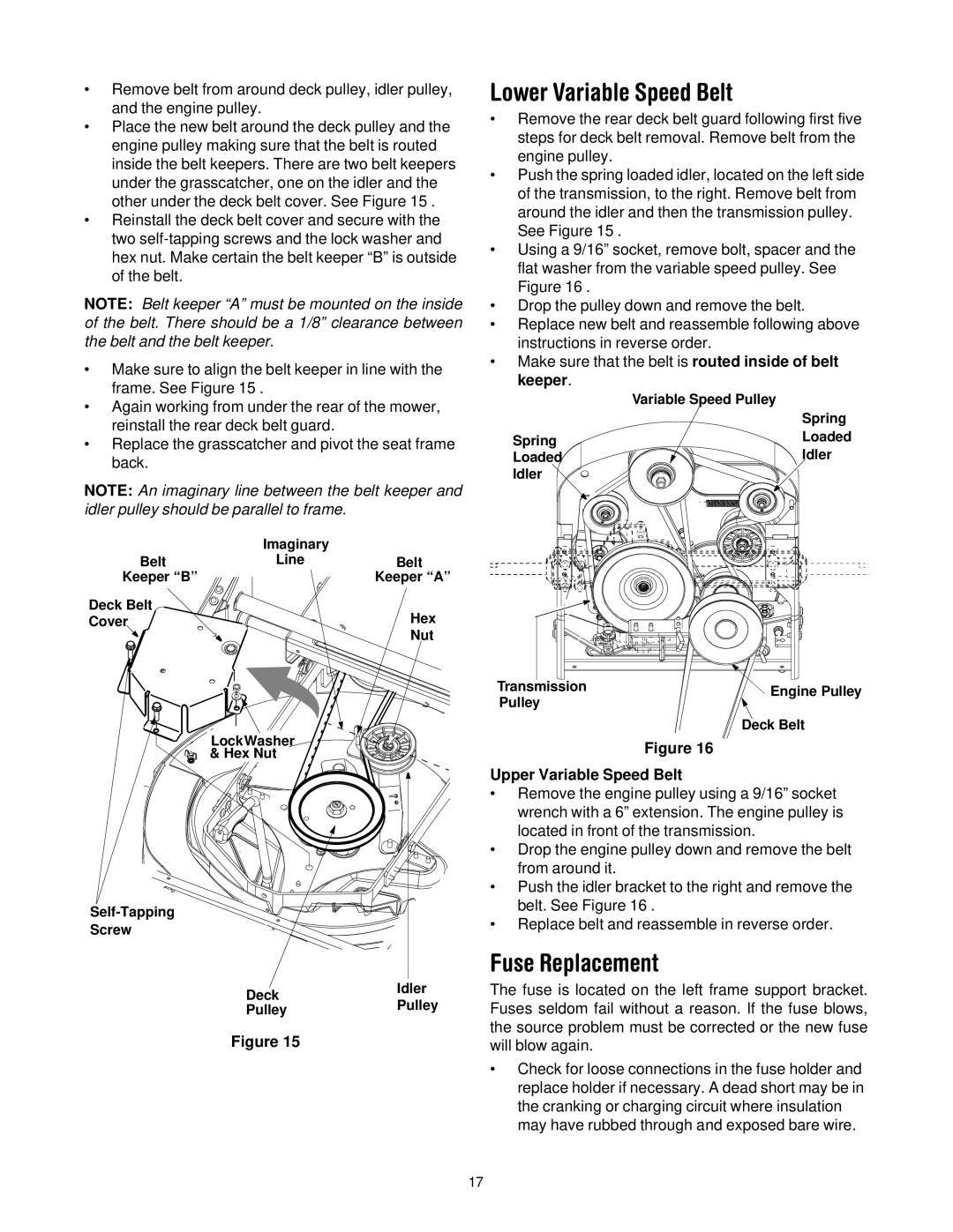 Troy-Bilt 13A-344-563 manual Lower Variable Speed Belt, Fuse Replacement, Keeper, Upper Variable Speed Belt 