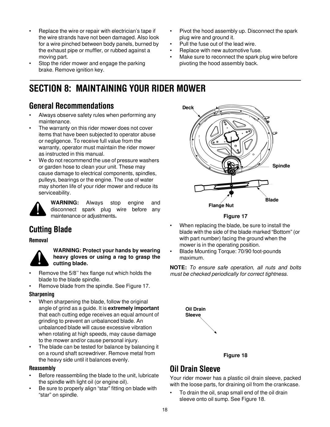 Troy-Bilt 13A-344-563 manual Maintaining Your Rider Mower, General Recommendations, Cutting Blade, Oil Drain Sleeve 