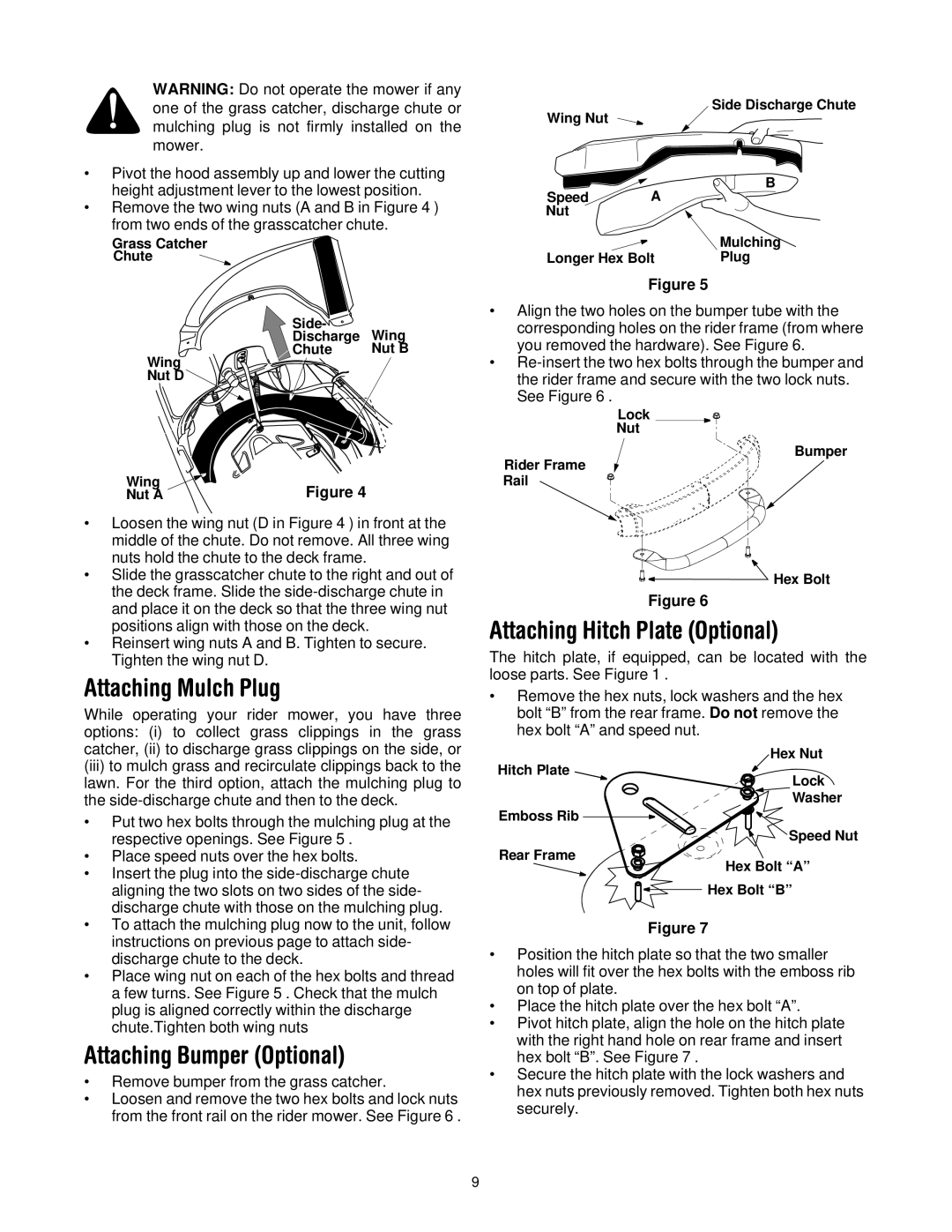 Troy-Bilt 13A-344-563 manual Attaching Mulch Plug, Attaching Hitch Plate Optional, Attaching Bumper Optional 