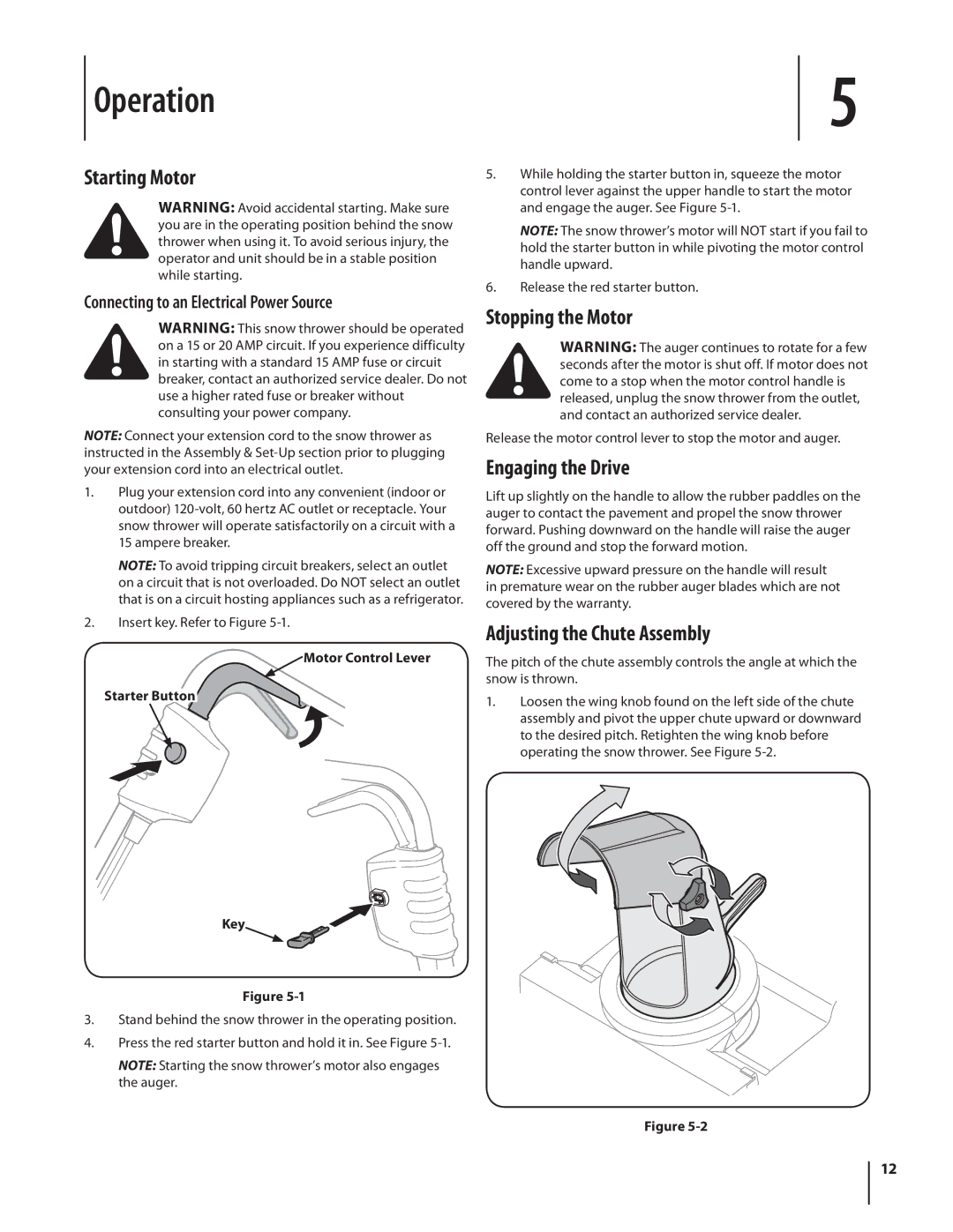 Troy-Bilt 1400 warranty Operation, Starting Motor, Stopping the Motor, Engaging the Drive, Adjusting the Chute Assembly 