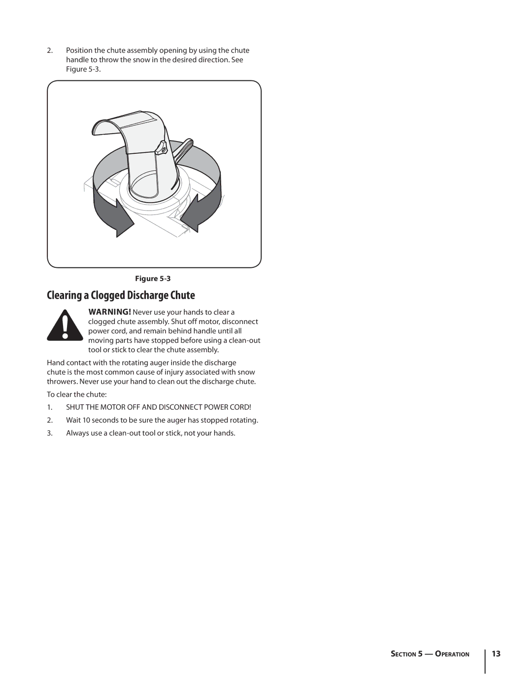 Troy-Bilt 1400 warranty Clearing a Clogged Discharge Chute, To clear the chute 