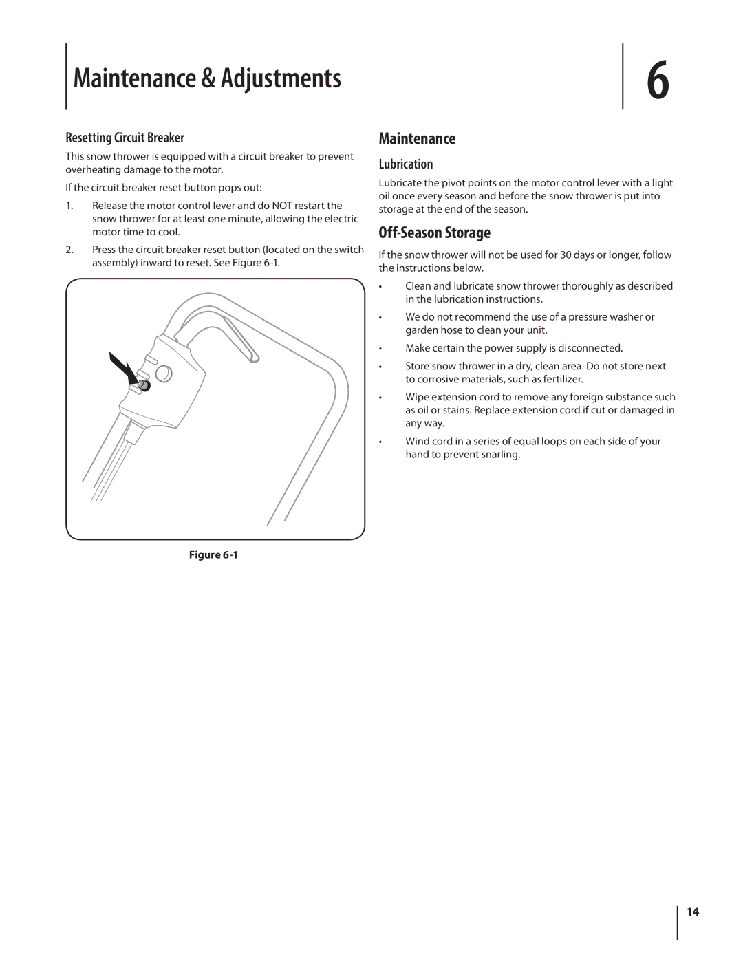 Troy-Bilt 1400 warranty Maintenance & Adjustments, Off-Season Storage, Resetting Circuit Breaker, Lubrication 