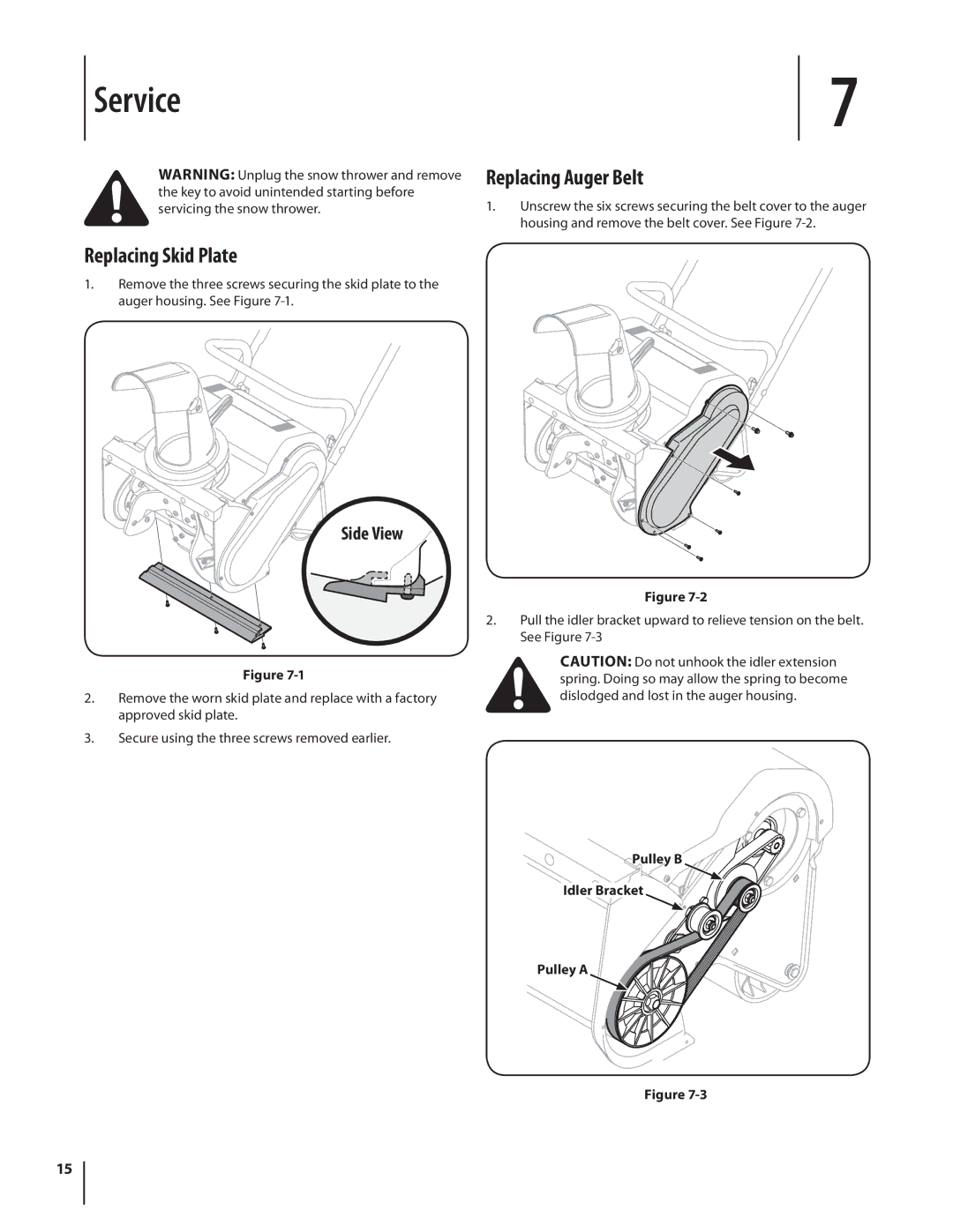 Troy-Bilt 1400 warranty Service, Replacing Skid Plate, Replacing Auger Belt, Side View, Pulley B Idler Bracket Pulley a 