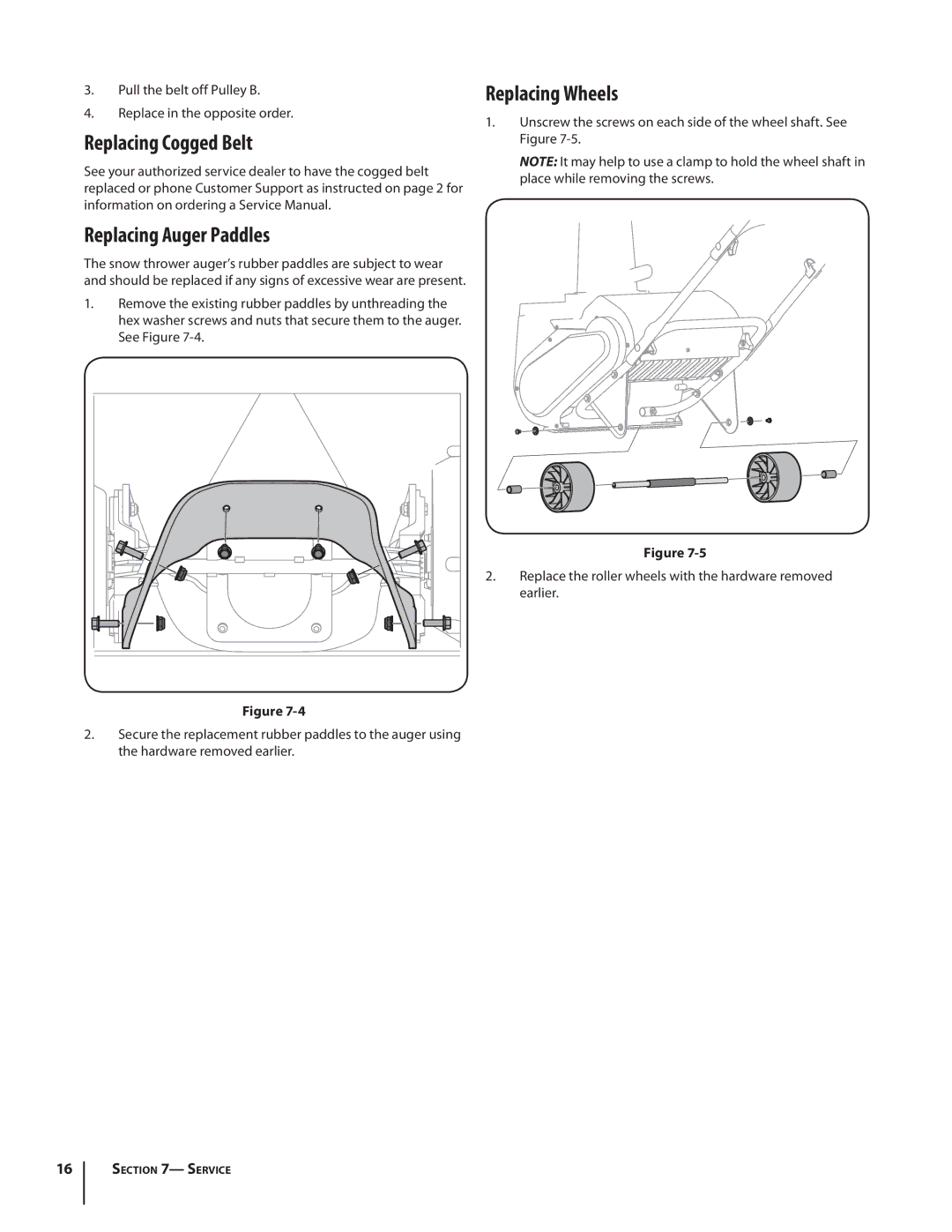 Troy-Bilt 1400 warranty Replacing Cogged Belt Replacing Auger Paddles, Replacing Wheels 