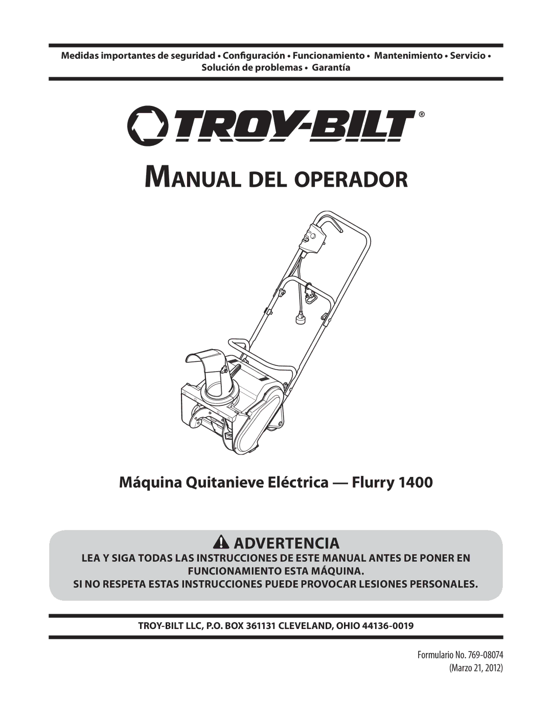 Troy-Bilt 1400 warranty Manual del operador 