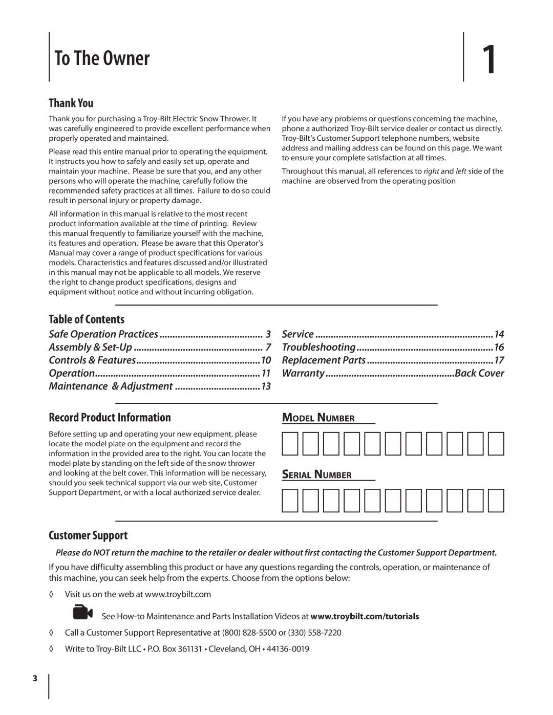 Troy-Bilt 1400 warranty To The Owner, Thank You, Table of Contents, Record Product Information, Customer Support 