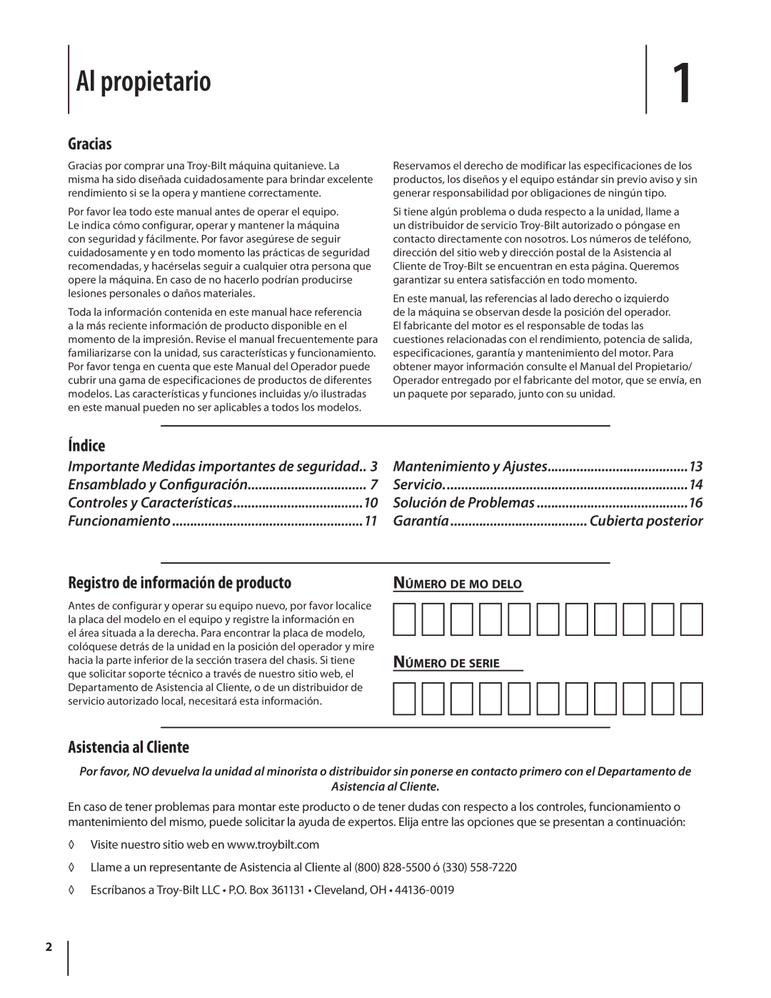 Troy-Bilt 1400 warranty Al propietario, Gracias, Índice, Registro de información de producto, Asistencia al Cliente 