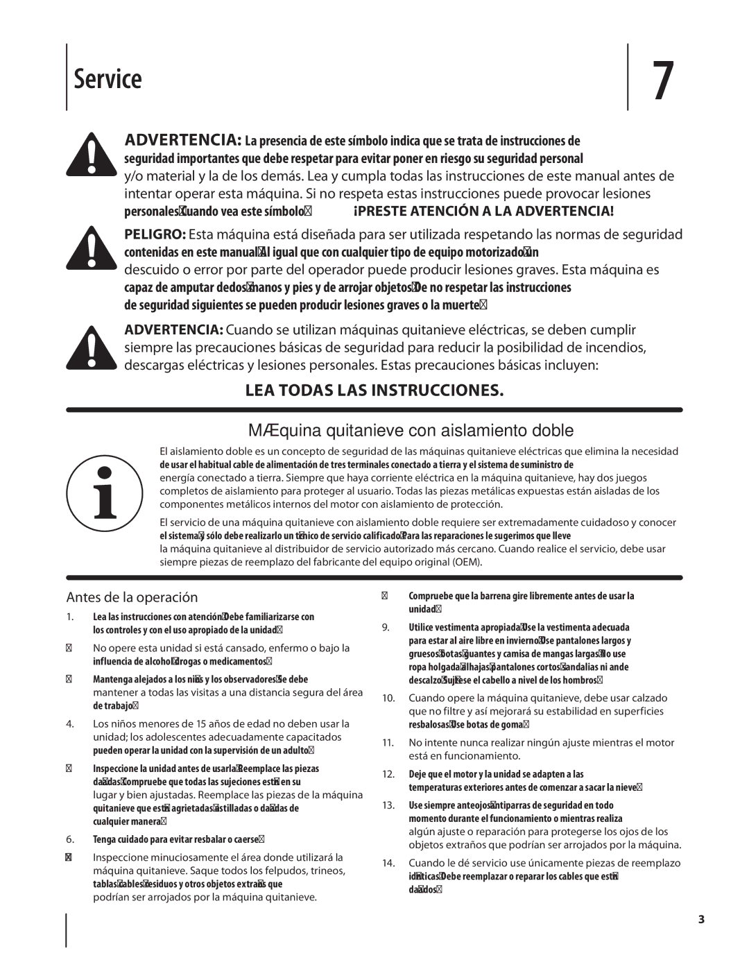 Troy-Bilt 1400 warranty Medidas importantes de seguridad, Máquina quitanieve con aislamiento doble, Antes de la operación 