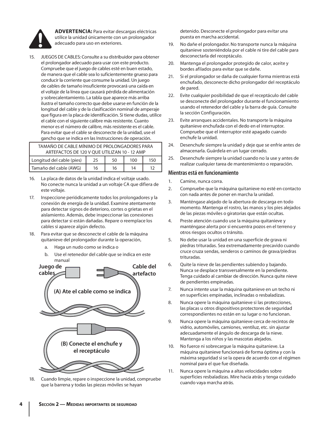 Troy-Bilt 1400 warranty Mientras está en funcionamiento, 100 150, Cable del, Camine, nunca corra 