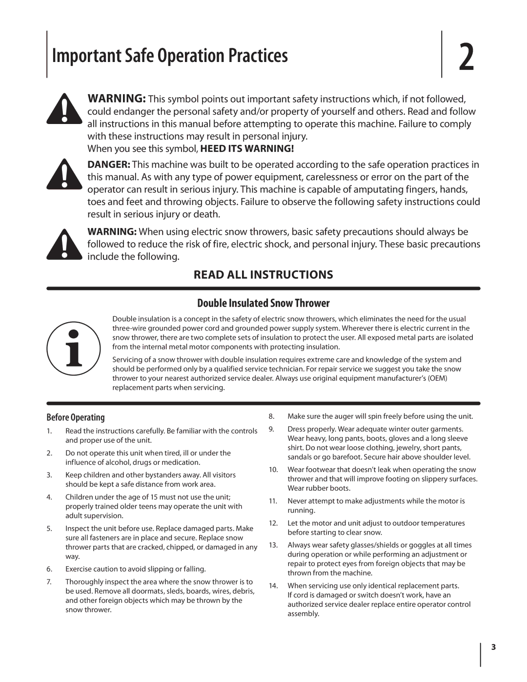 Troy-Bilt 1400 warranty Important Safe Operation Practices, Double Insulated Snow Thrower, Before Operating 
