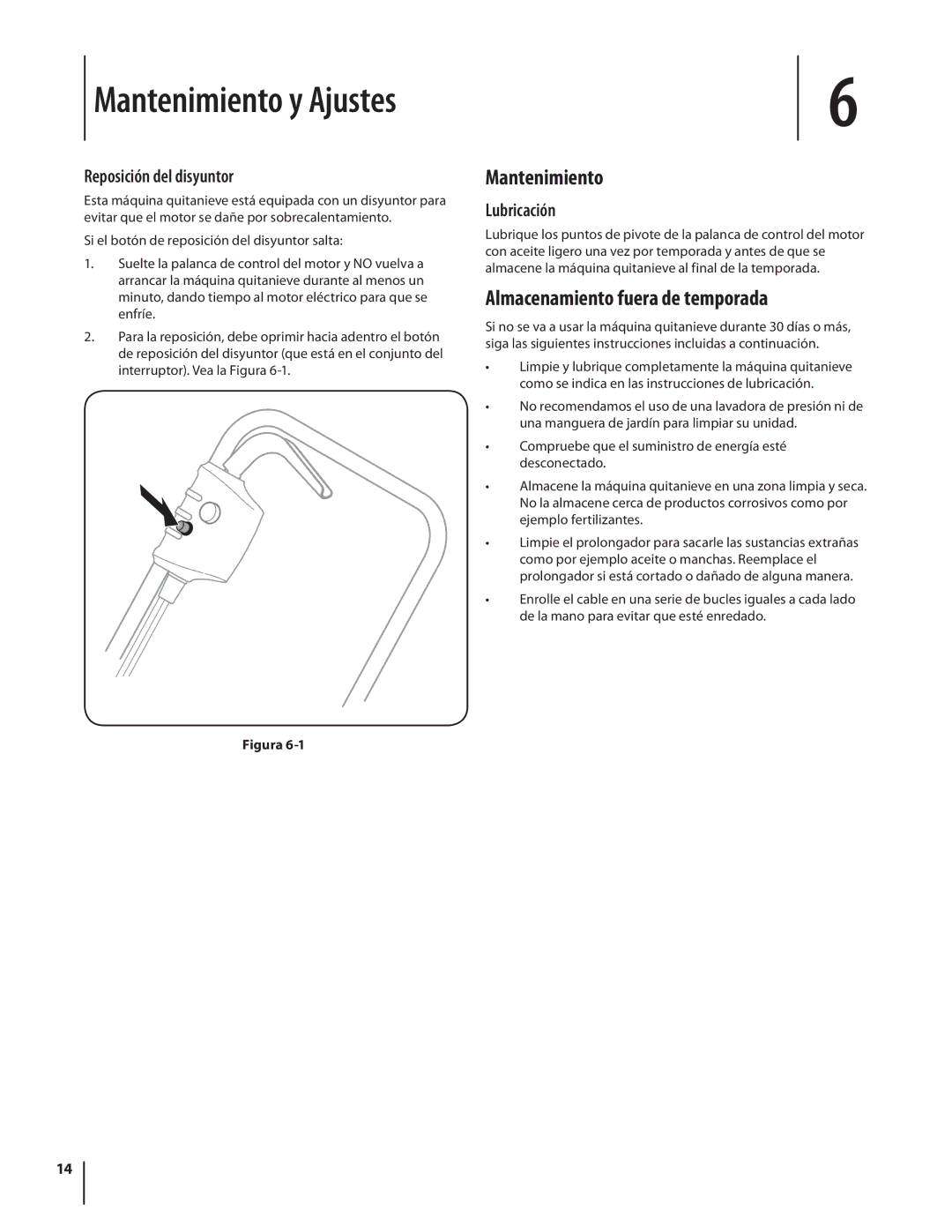 Troy-Bilt 1400 warranty Mantenimiento, Almacenamiento fuera de temporada, Reposición del disyuntor, Lubricación 