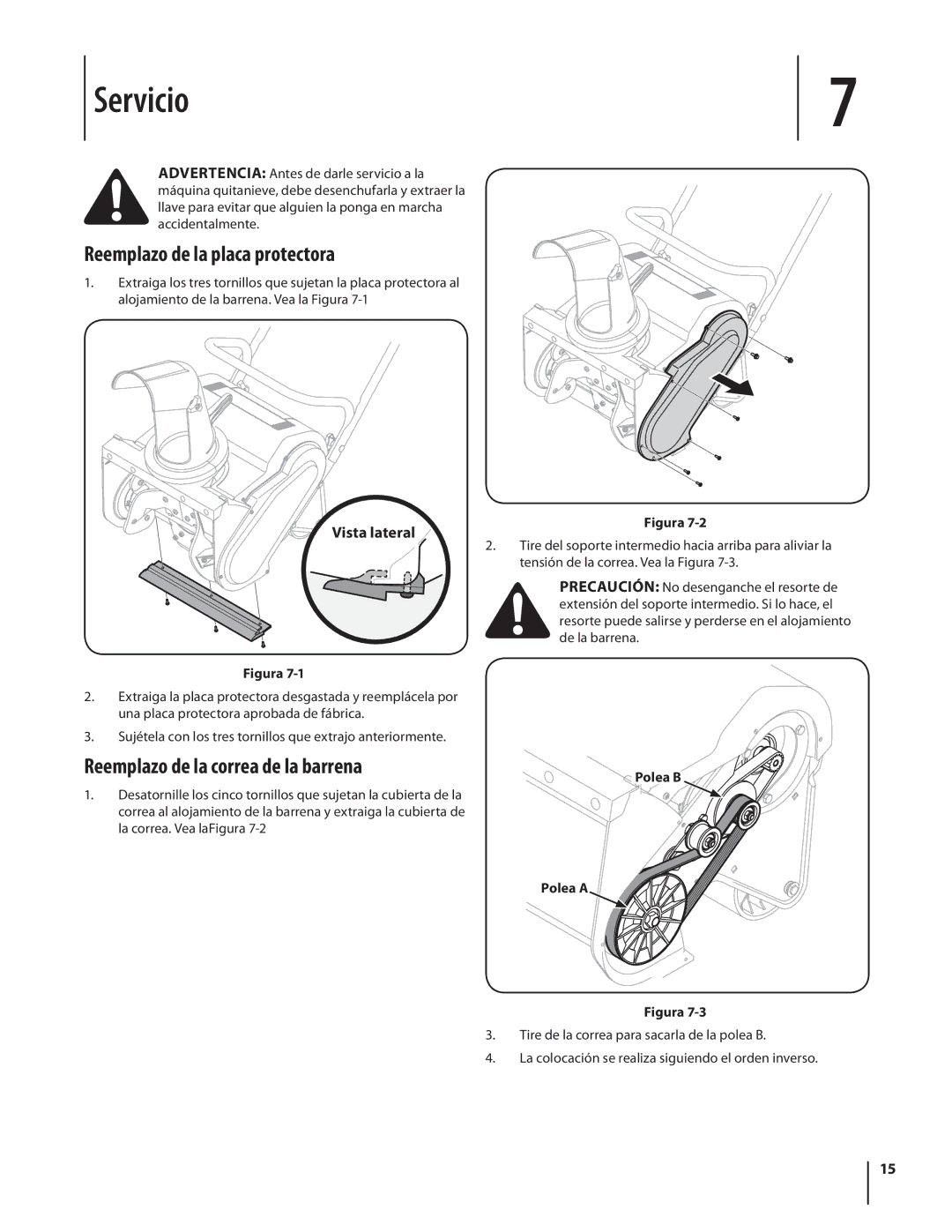 Troy-Bilt 1400 warranty Servicio, Reemplazo de la placa protectora, Reemplazo de la correa de la barrena, Polea B Polea a 