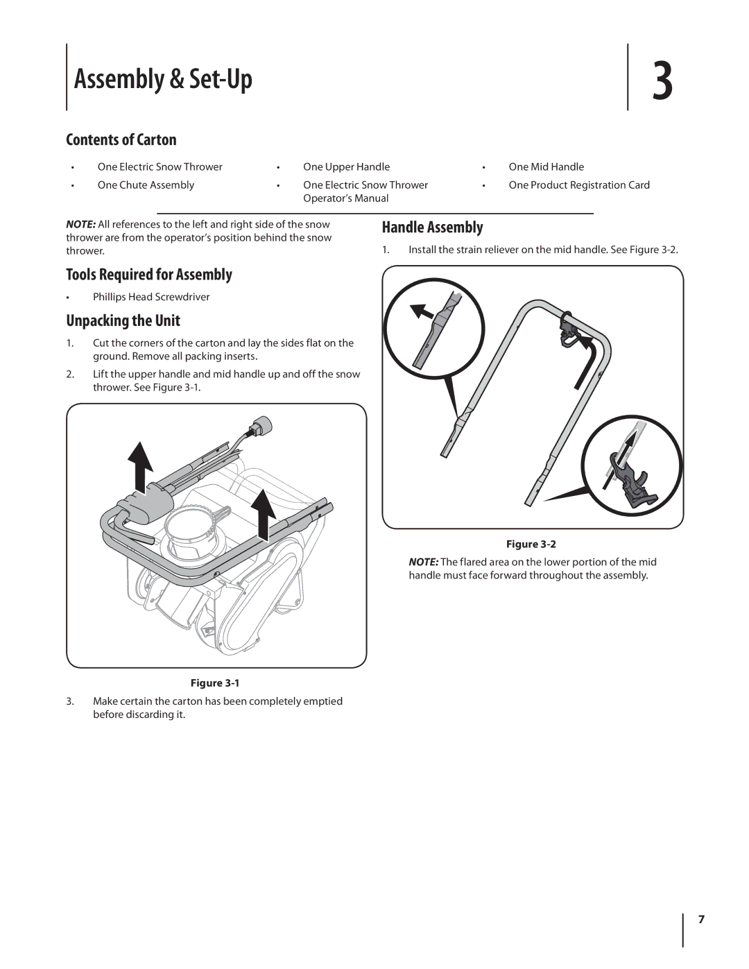 Troy-Bilt 1400 Assembly & Set-Up, Contents of Carton, Handle Assembly, Tools Required for Assembly, Unpacking the Unit 