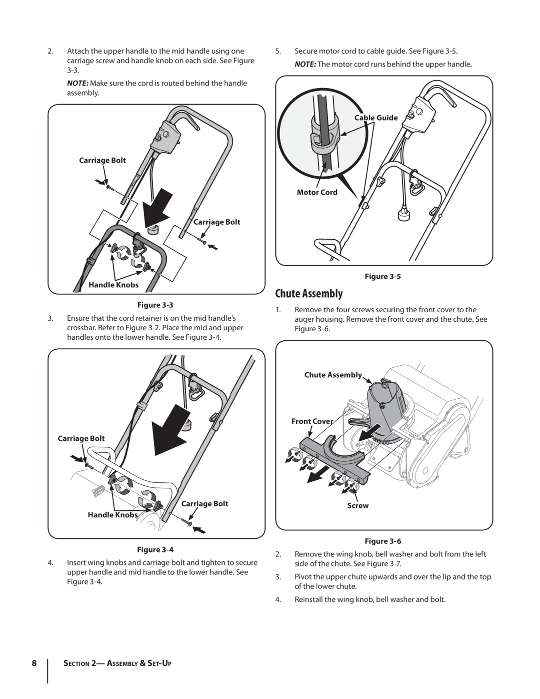 Troy-Bilt 1400 warranty Carriage Bolt Handle Knobs, Cable Guide Motor Cord, Chute Assembly Front Cover Screw 