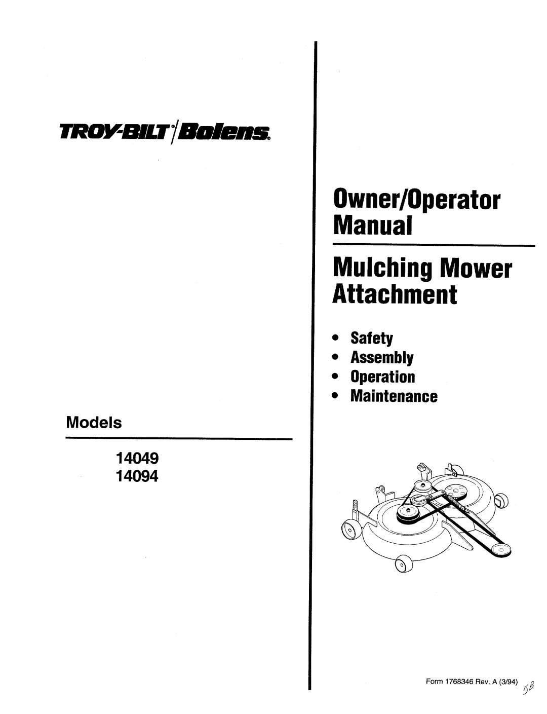 Troy-Bilt 14094, 14049 manual 