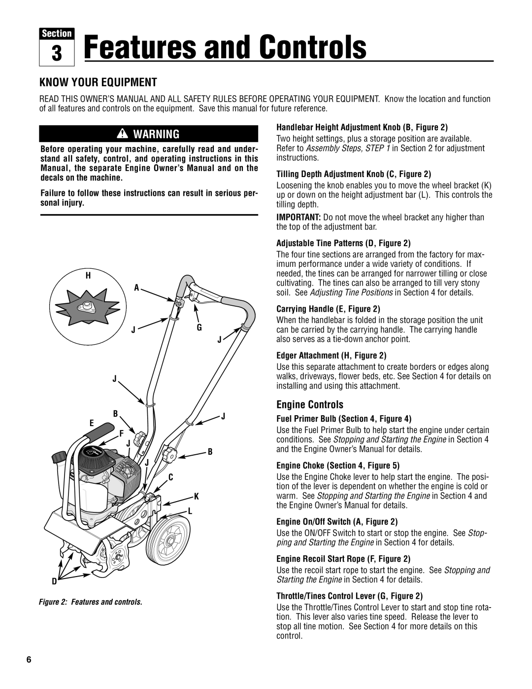 Troy-Bilt 148H manual Features and Controls, Know Your Equipment, Engine Controls 