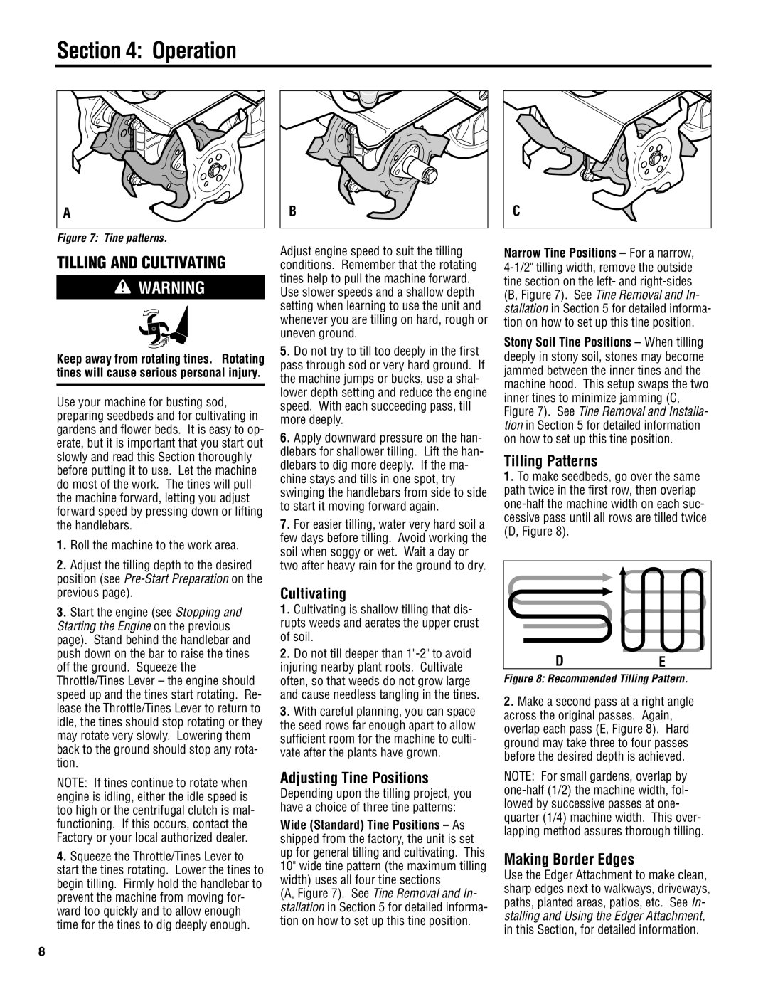 Troy-Bilt 148H manual Operation, Tilling and Cultivating 