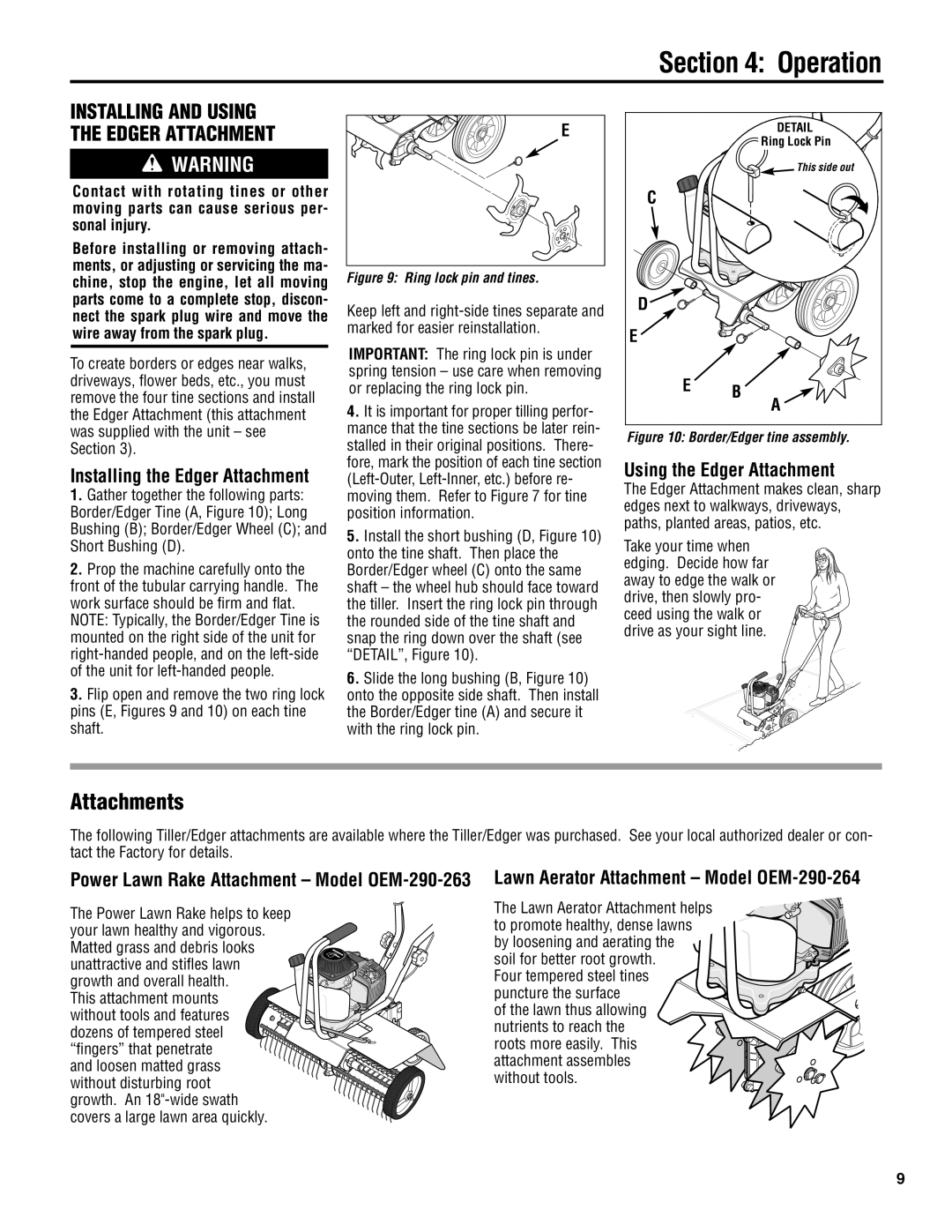 Troy-Bilt 148H manual Using the Edger Attachment, Lawn Aerator Attachment Model OEM-290-264 