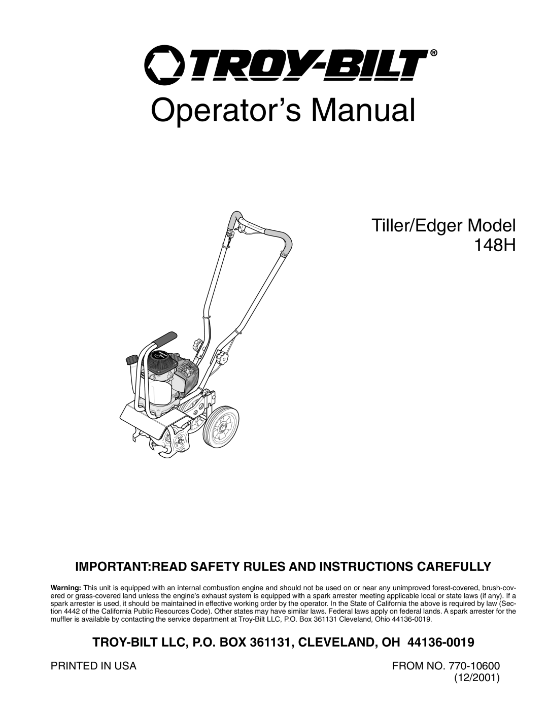 Troy-Bilt 148H manual Importantread Safety Rules And Instructions Carefully, TROY-BILT LLC, P.O. BOX 361131, CLEVELAND, OH 