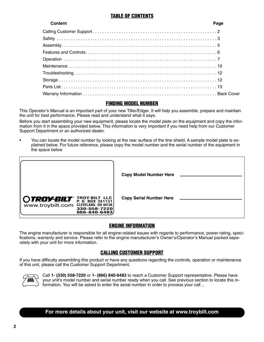 Troy-Bilt 148H manual Table Of Contents, Finding Model Number, Engine Information, Calling Customer Support 
