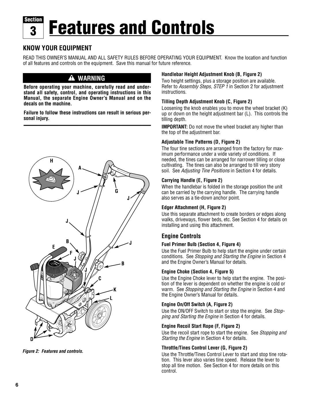 Troy-Bilt 148H Features and Controls, Know Your Equipment, Engine Controls, Handlebar Height Adjustment Knob B, Figure 
