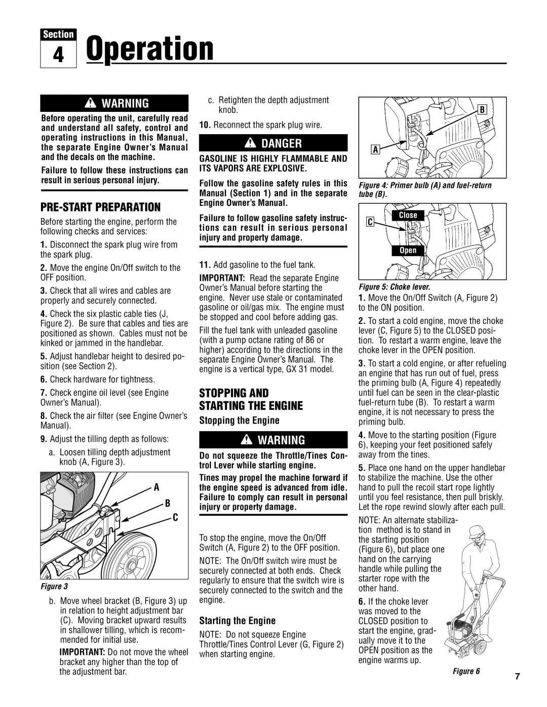 Troy-Bilt 148H Operation, Pre-Start Preparation, Stopping And Starting The Engine, Stopping the Engine, Danger, Section 