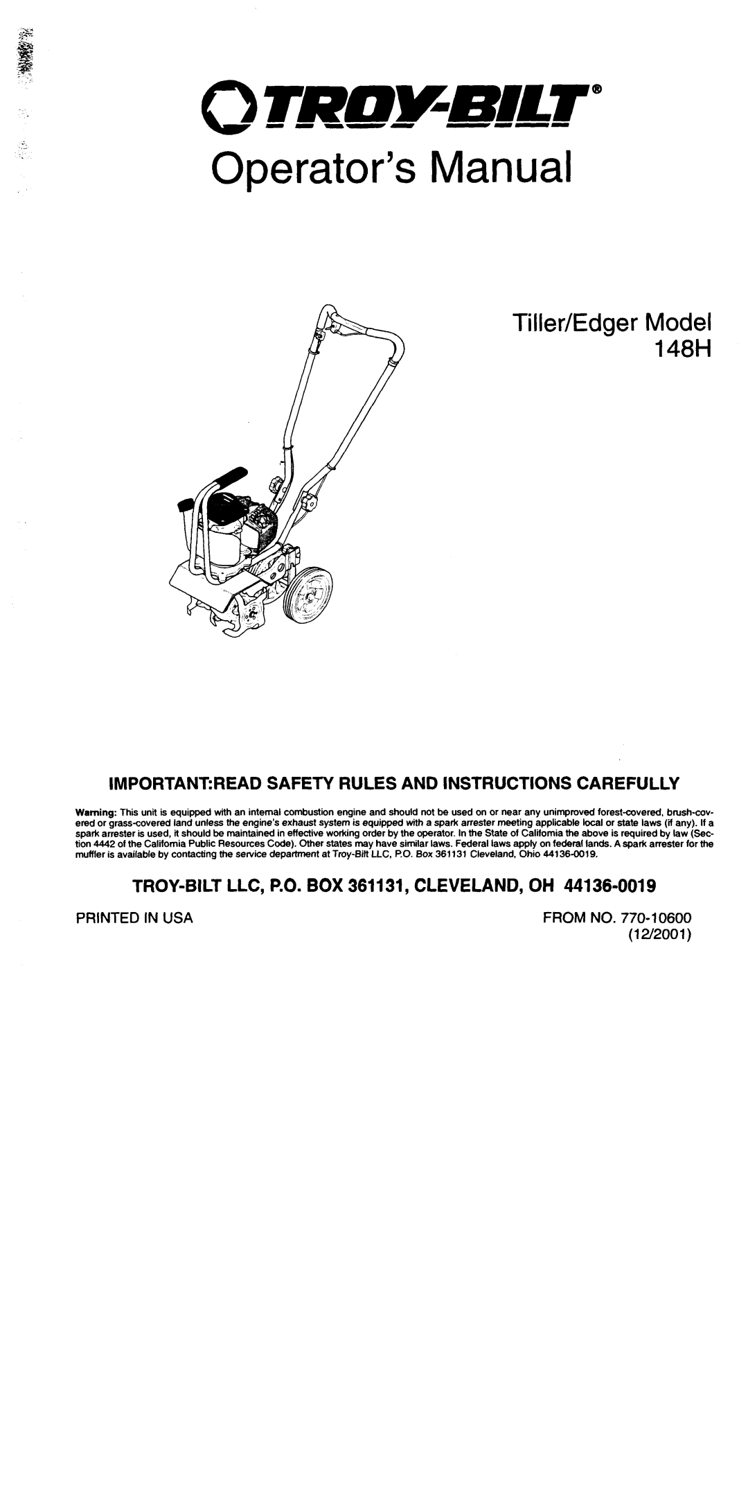 Troy-Bilt 148H manual Importantread Safety Rules And Instructions Carefully, TROY-BILT LLC, P.O. BOX 361131, CLEVELAND, OH 