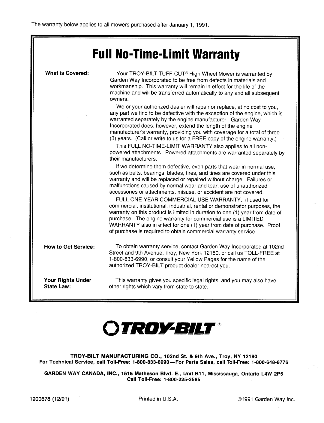 Troy-Bilt 1900678 manual 