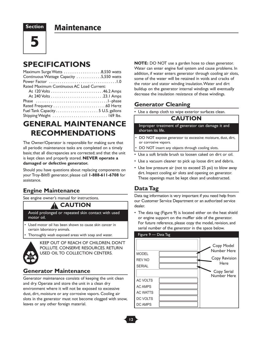 Troy-Bilt 1919 owner manual Section Maintenance, Specifications, General Maintenance Recommendations 