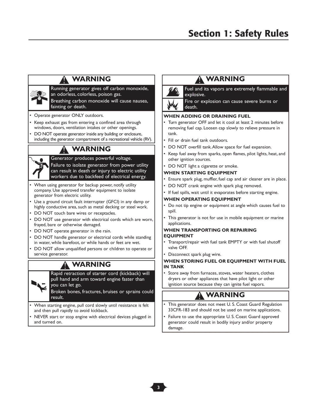 Troy-Bilt 1919 owner manual When Adding or Draining Fuel, When Starting Equipment, When Operating Equipment 