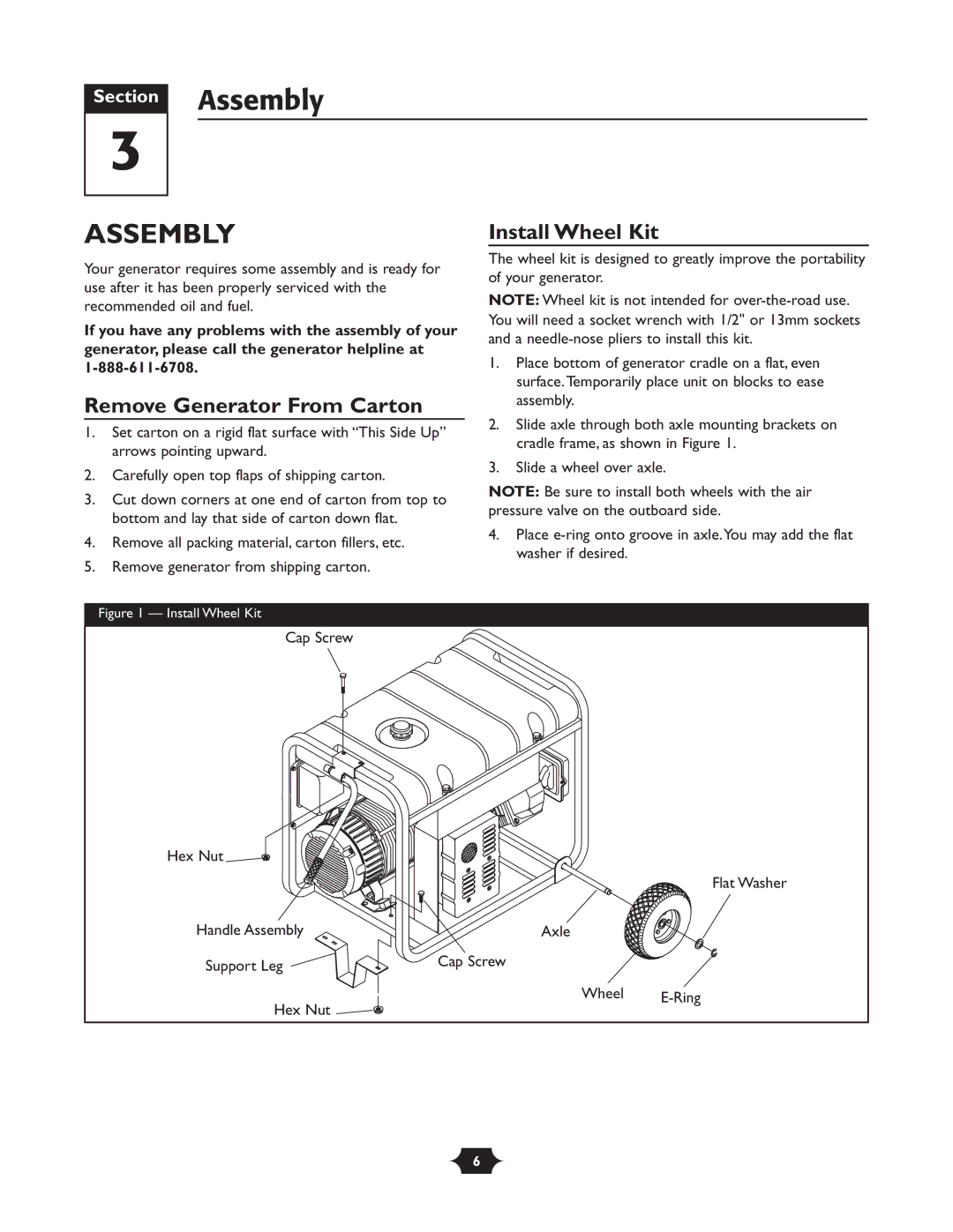 Troy-Bilt 1919 owner manual Assembly, Remove Generator From Carton, Install Wheel Kit 