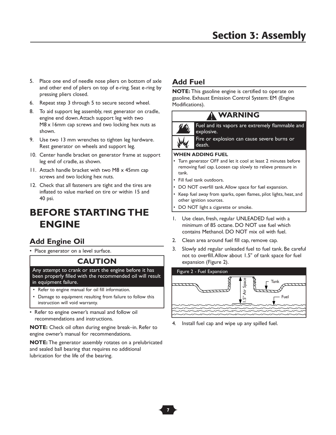 Troy-Bilt 1919 owner manual Assembly, Before Starting the Engine, Add Engine Oil, Add Fuel, When Adding Fuel 