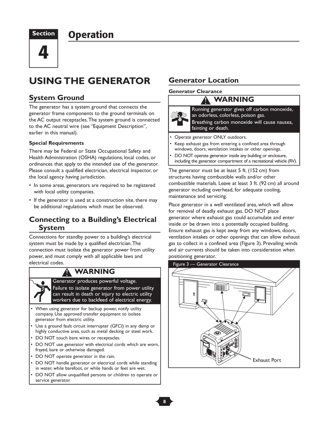 Troy-Bilt 1919 Section Operation, Using the Generator, System Ground, Connecting to a Building’s Electrical System 