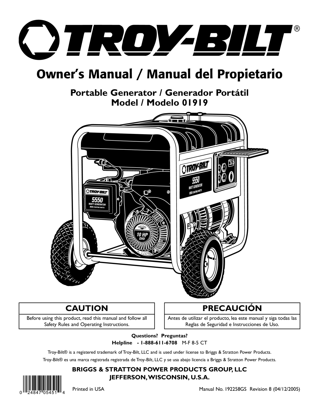 Troy-Bilt 1919 owner manual Portable Generator / Generador Portátil Model / Modelo, Jefferson,Wisconsin, U.S.A, Precaución 