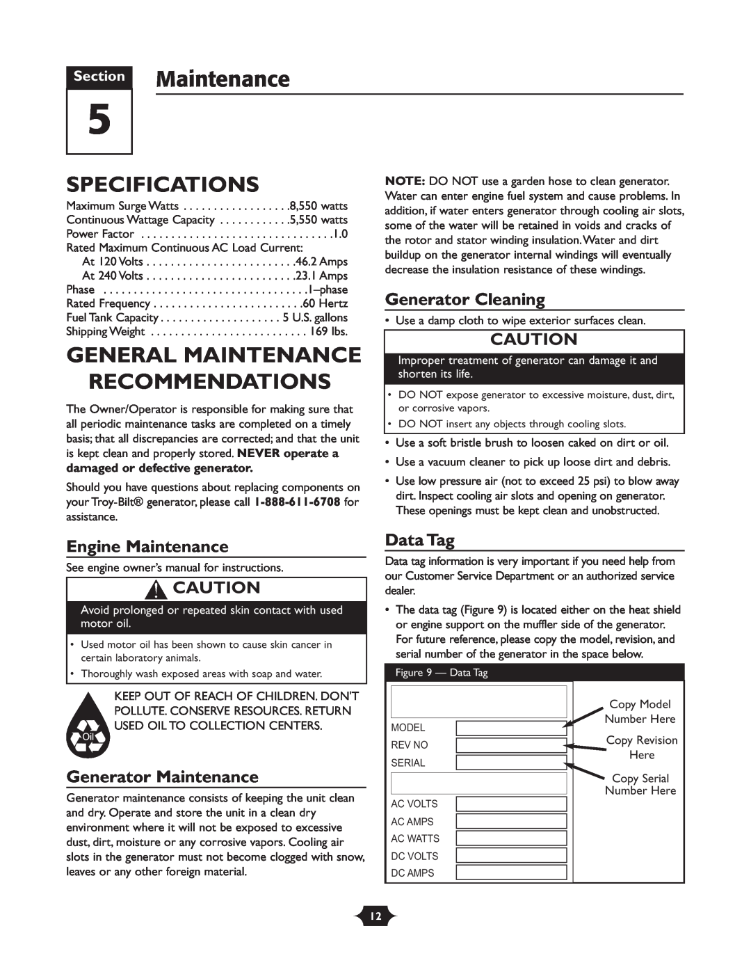 Troy-Bilt 1919 Section Maintenance, Specifications, General Maintenance Recommendations, Generator Cleaning, Data Tag 