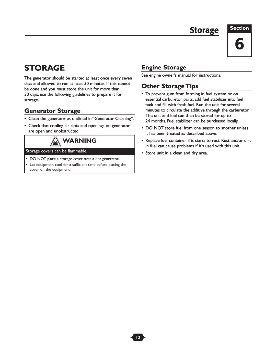 Troy-Bilt 1919 Generator Storage, Engine Storage, Other Storage Tips, Storage covers can be flammable, Section 