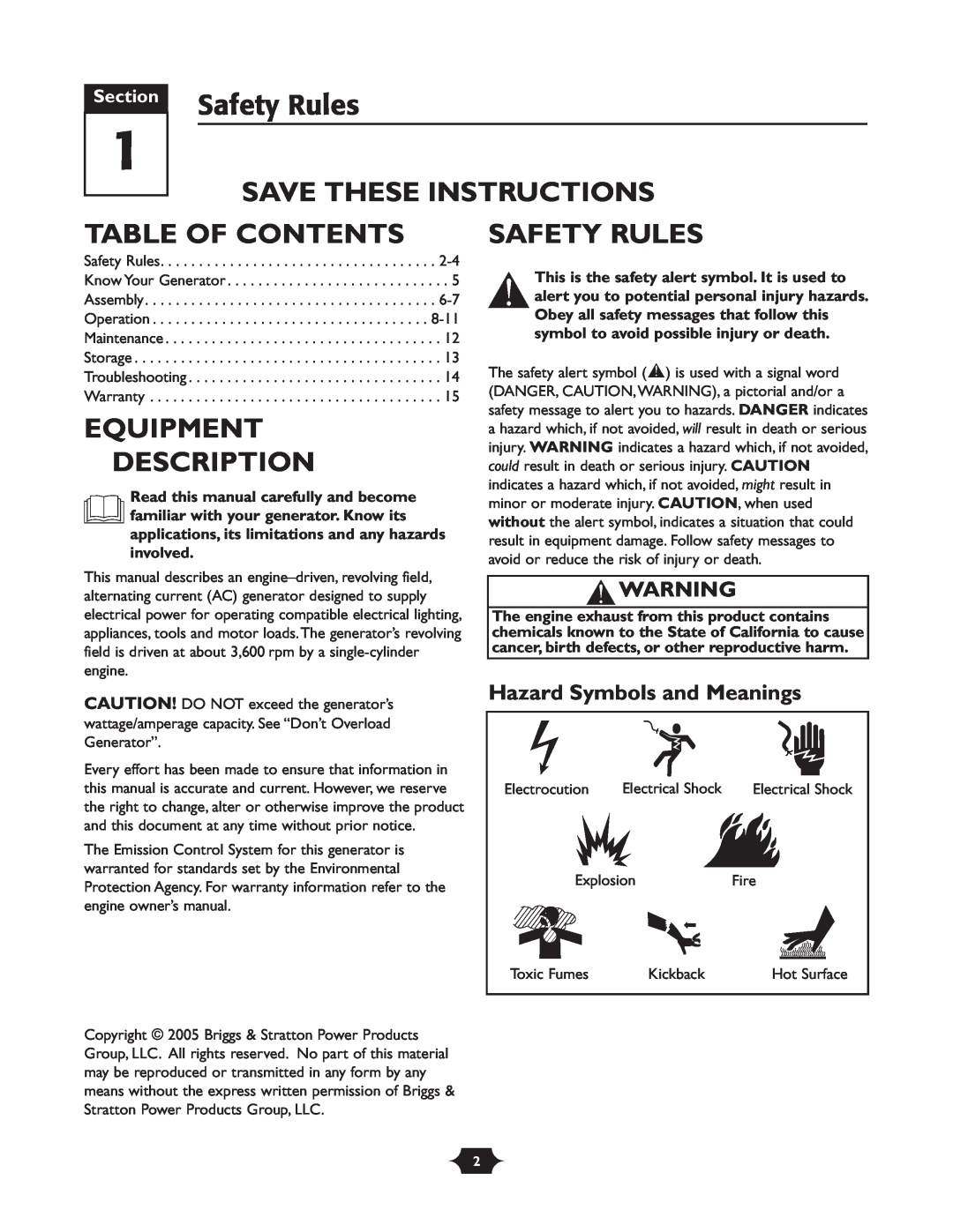 Troy-Bilt 1919 owner manual Safety Rules, Save These Instructions, Table Of Contents, Equipment Description, Section 